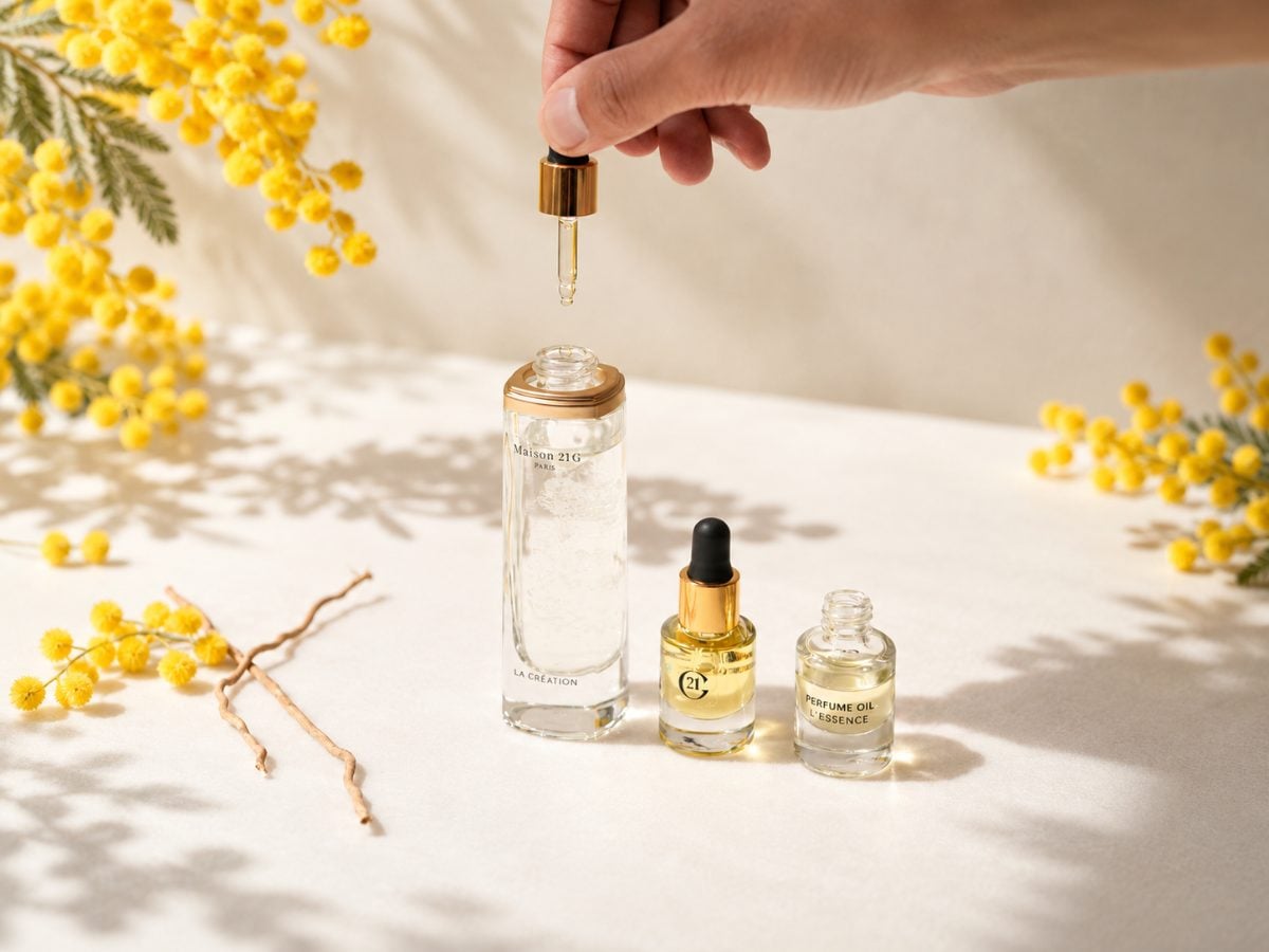 A drop of Magnifier falling into the La Création bottle, beside the essence vials and mimosa