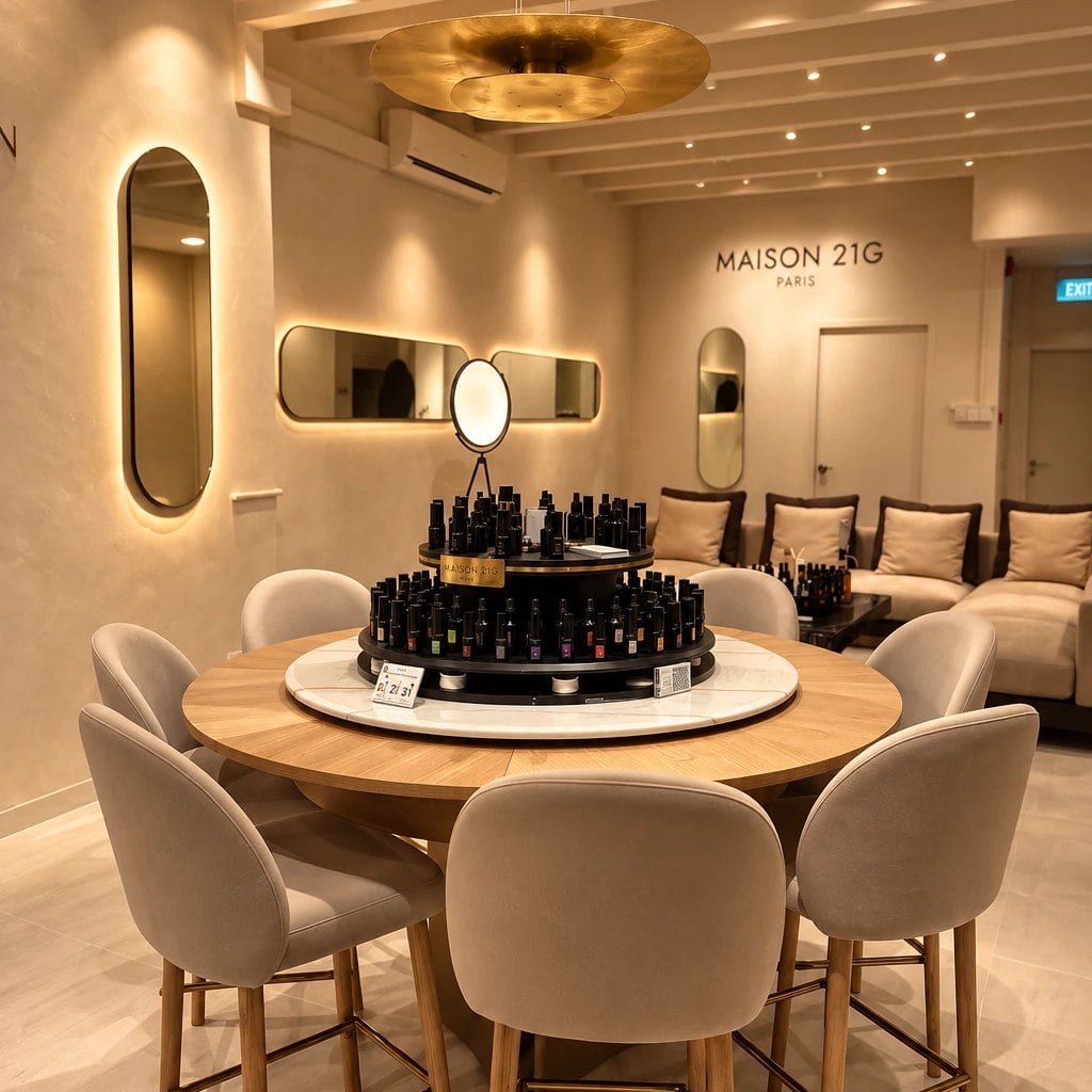 The Scent Bar inside a Maison 21G Paris boutique: a round oak table set with the full carousel of essences, under a brass light, with the wordmark on the wall behind.