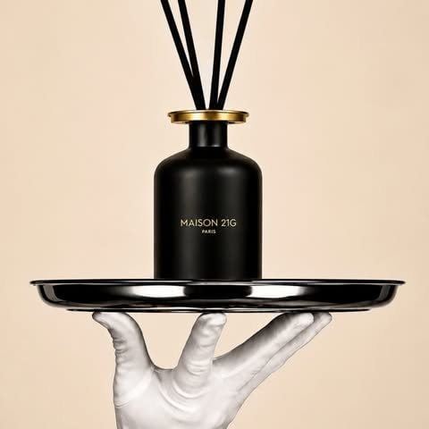 A black reed diffuser on a silver tray held by a sculpted white hand.