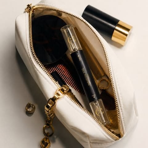 A Dual Crayon perfume in an open white leather pouch with gold hardware.