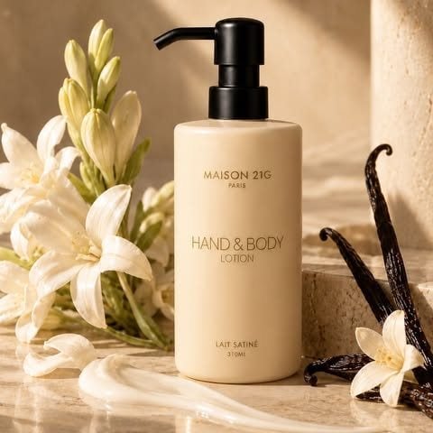 Hand & Body Lotion beside Tuberose blossoms and Vanilla pods in warm light.