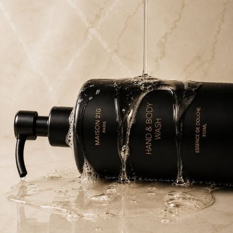 Water pours over a black Hand & Body Wash bottle lying on wet marble.
