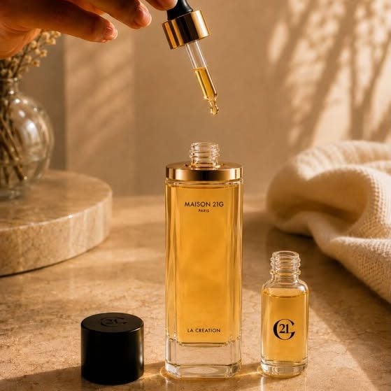 La Création Eau de Parfum and its Scent Magnifier on travertine in golden window light.