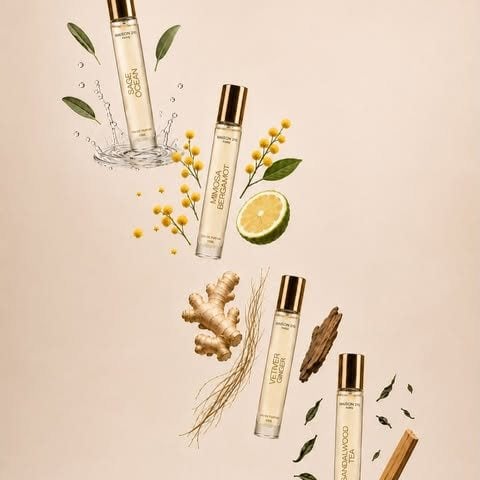 Travel sprays floating among Mimosa, lime and Ginger.